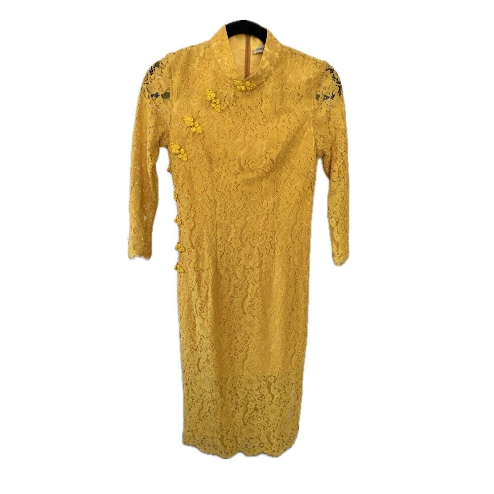 Queen Mulock Asian Inspired Lace Pankou Knots High Neck Side Slits Midi Dress S
